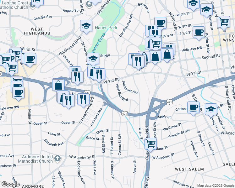 map of restaurants, bars, coffee shops, grocery stores, and more near 1041 West End Boulevard in Winston-Salem