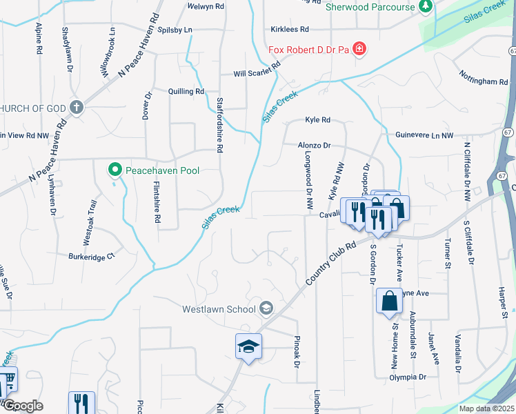 map of restaurants, bars, coffee shops, grocery stores, and more near 209 Bradberry Lane in Winston-Salem