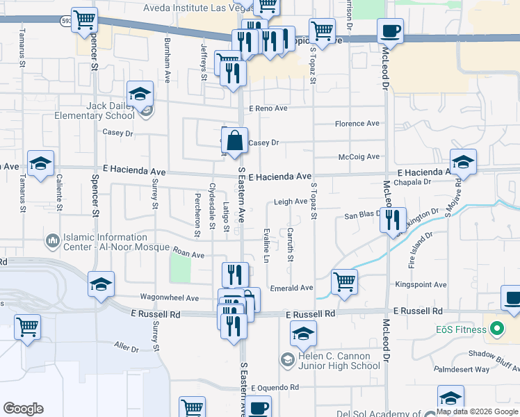 map of restaurants, bars, coffee shops, grocery stores, and more near 5391 Evaline Street in Las Vegas