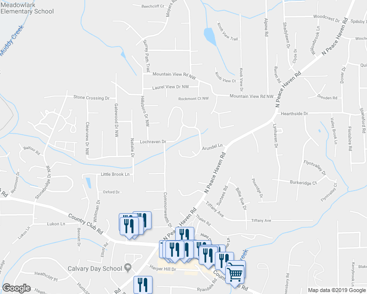 map of restaurants, bars, coffee shops, grocery stores, and more near 165 Carrisbrooke Lane in Winston-Salem