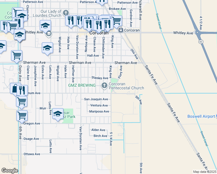 map of restaurants, bars, coffee shops, grocery stores, and more near 1701 King Avenue in Corcoran