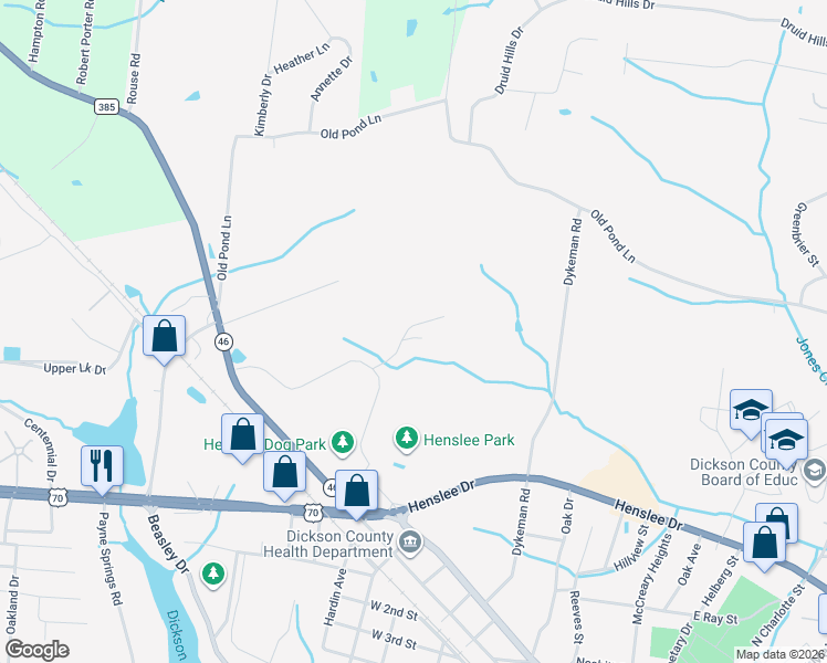 map of restaurants, bars, coffee shops, grocery stores, and more near 201 Birdie Court in Dickson