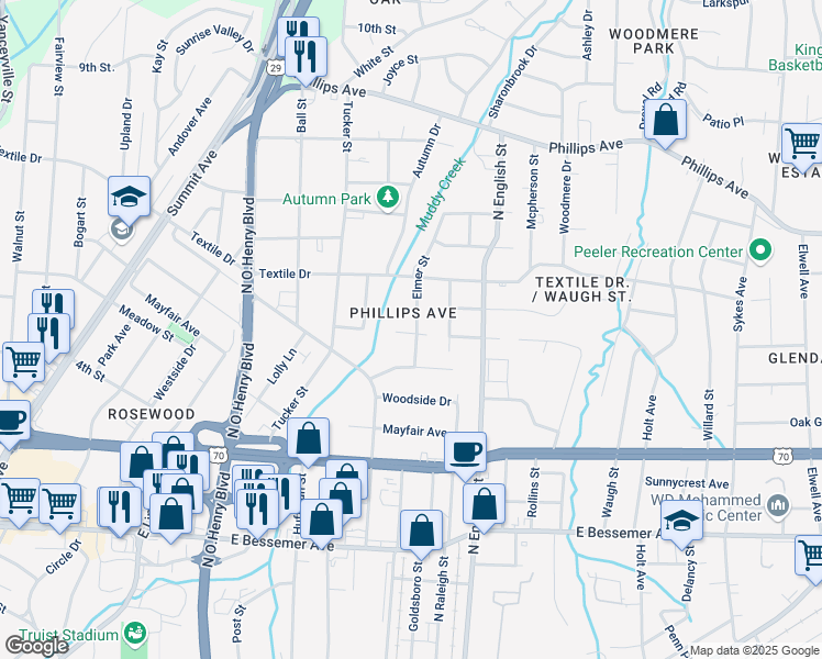 map of restaurants, bars, coffee shops, grocery stores, and more near 1301 Elmer Street in Greensboro