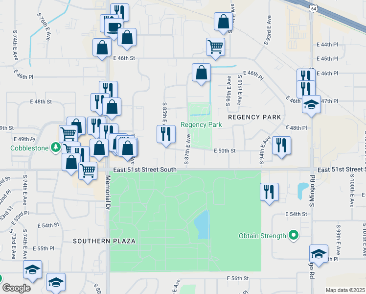 map of restaurants, bars, coffee shops, grocery stores, and more near 8615 East 50th Street in Tulsa
