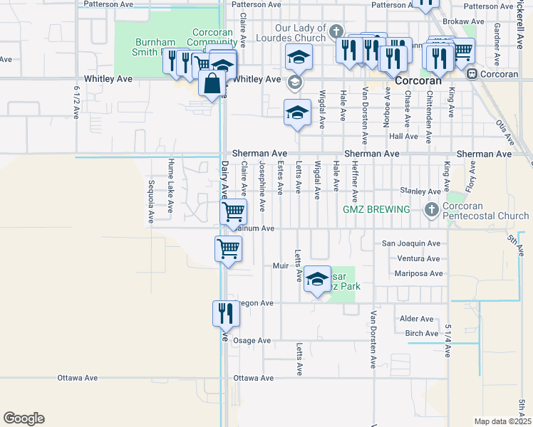 map of restaurants, bars, coffee shops, grocery stores, and more near 1709 Josephine Avenue in Corcoran