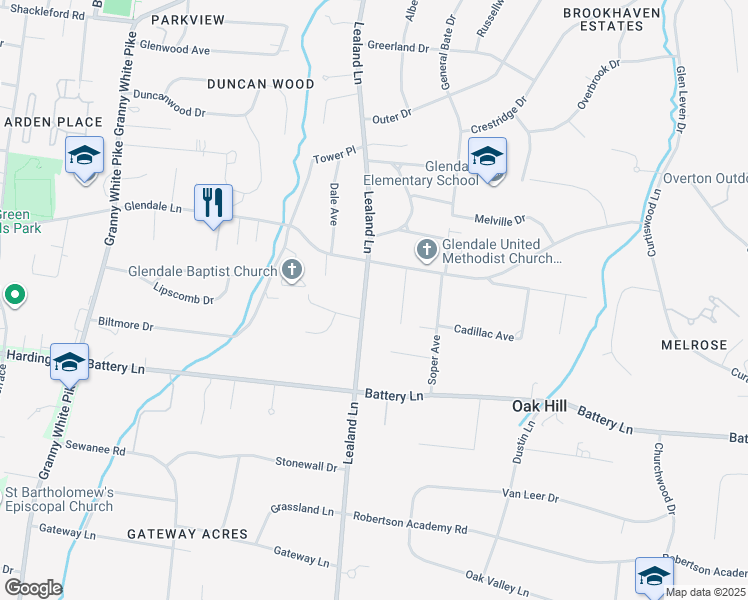 map of restaurants, bars, coffee shops, grocery stores, and more near 4406 Lealand Lane in Nashville