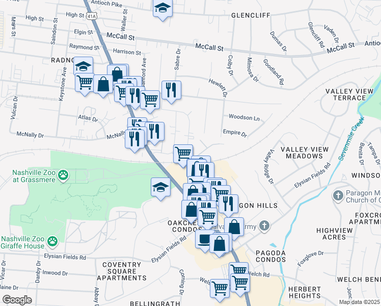 map of restaurants, bars, coffee shops, grocery stores, and more near 233 Yelton Court in Nashville