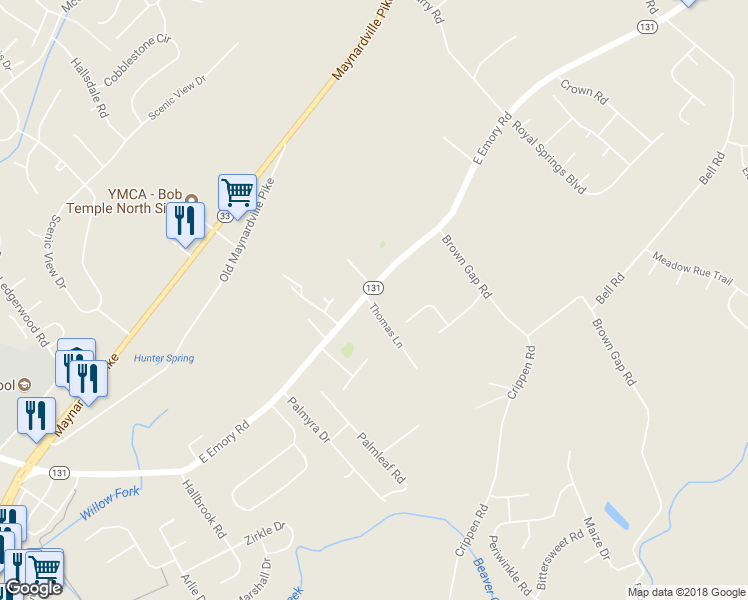 map of restaurants, bars, coffee shops, grocery stores, and more near 4900 East Emory Road in Knoxville