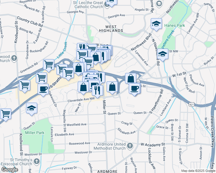 map of restaurants, bars, coffee shops, grocery stores, and more near 131 Miller Street in Winston-Salem