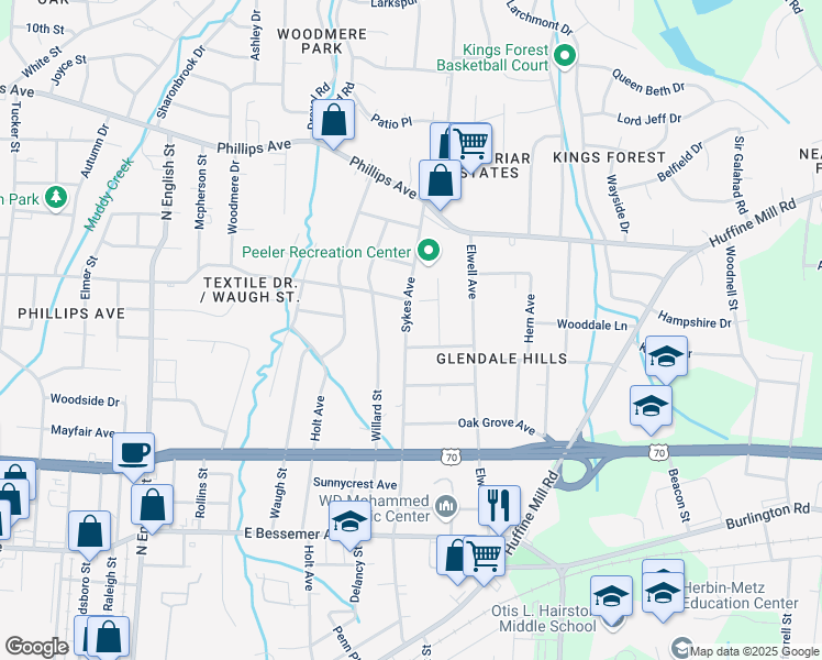 map of restaurants, bars, coffee shops, grocery stores, and more near 1104 Sykes Avenue in Greensboro