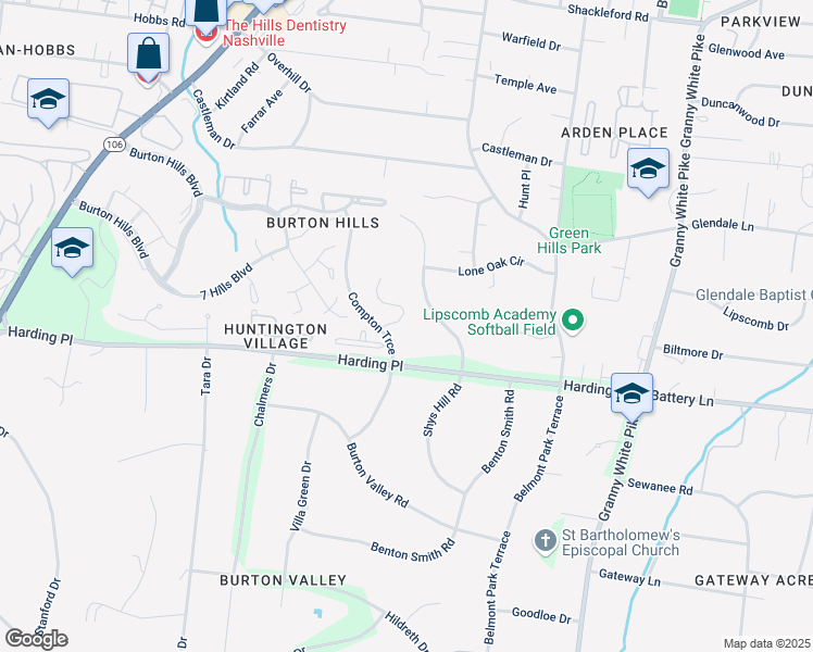 map of restaurants, bars, coffee shops, grocery stores, and more near 16 Compton Trce in Nashville
