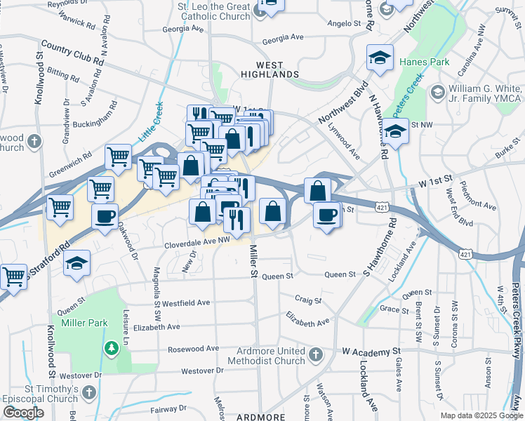 map of restaurants, bars, coffee shops, grocery stores, and more near 131 Miller Street in Winston-Salem