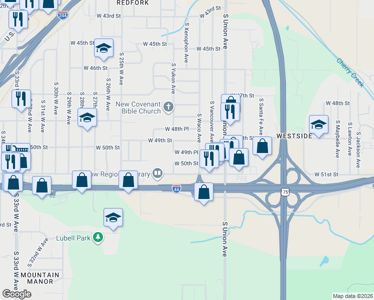 map of restaurants, bars, coffee shops, grocery stores, and more near 1923 West 49th Place in Tulsa