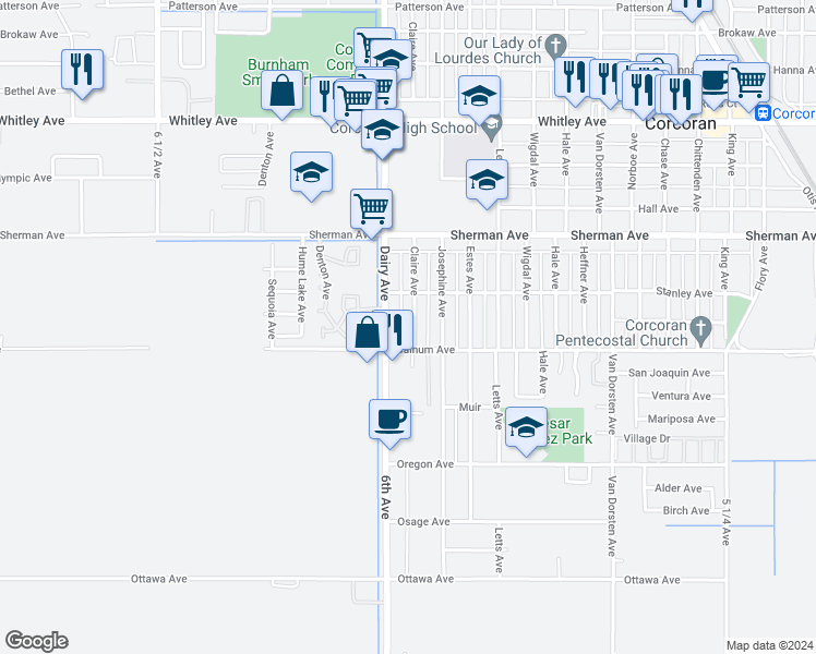 map of restaurants, bars, coffee shops, grocery stores, and more near 1710 Claire Avenue in Corcoran