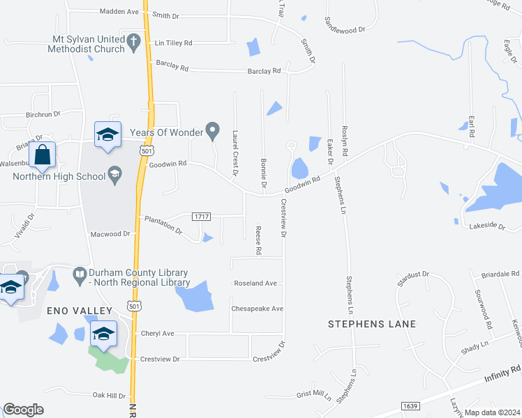 map of restaurants, bars, coffee shops, grocery stores, and more near 5438 Reese Road in Durham