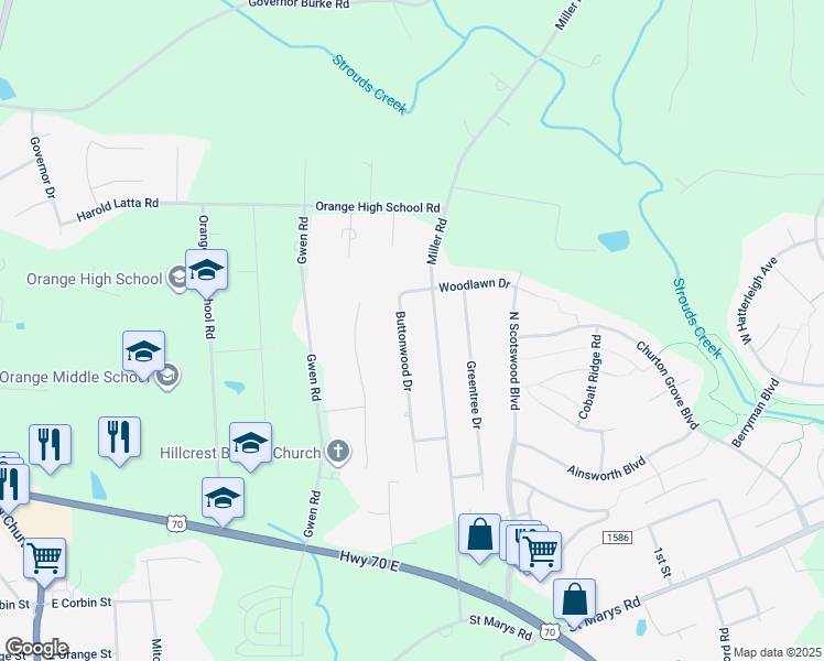 map of restaurants, bars, coffee shops, grocery stores, and more near 701 Buttonwood Drive in Hillsborough