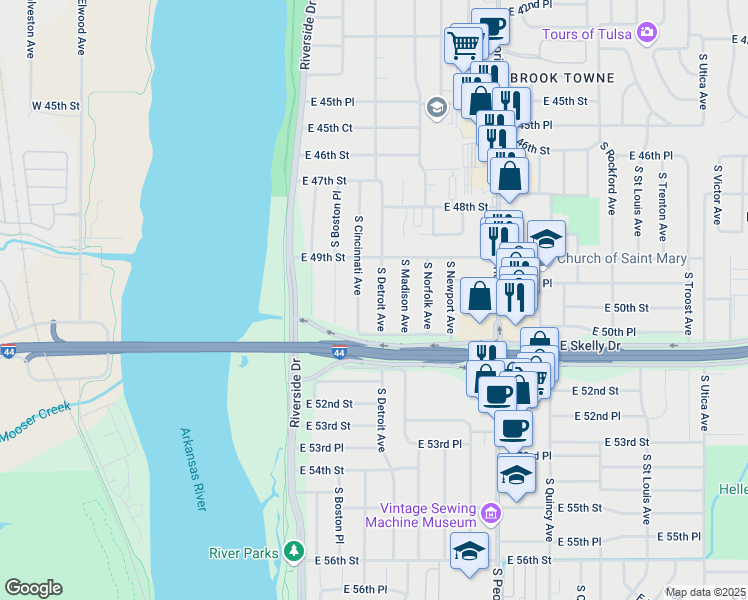 map of restaurants, bars, coffee shops, grocery stores, and more near 4941 South Detroit Avenue in Tulsa
