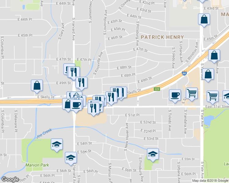 map of restaurants, bars, coffee shops, grocery stores, and more near 3998 East 49th Place in Tulsa