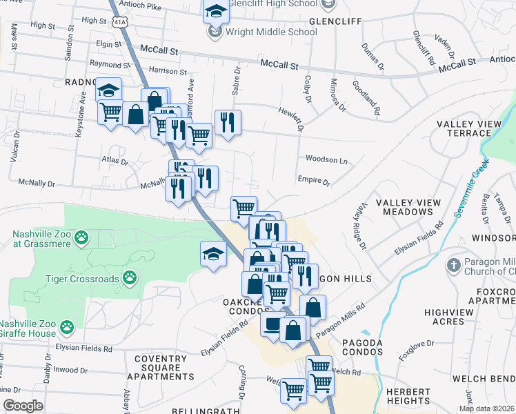 map of restaurants, bars, coffee shops, grocery stores, and more near 233 Yelton Court in Nashville