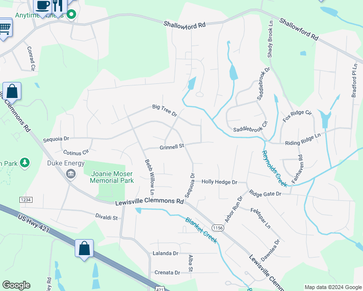 map of restaurants, bars, coffee shops, grocery stores, and more near Grinnell Street in Lewisville