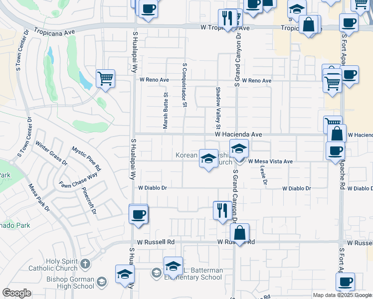 map of restaurants, bars, coffee shops, grocery stores, and more near 5358 South Conquistador Street in Las Vegas