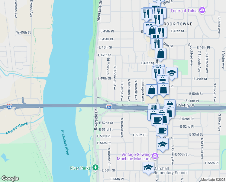 map of restaurants, bars, coffee shops, grocery stores, and more near 4942 South Cincinnati Avenue in Tulsa