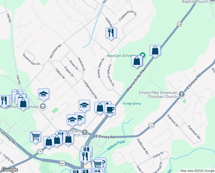 map of restaurants, bars, coffee shops, grocery stores, and more near 7508 Scenic View Drive in Knoxville
