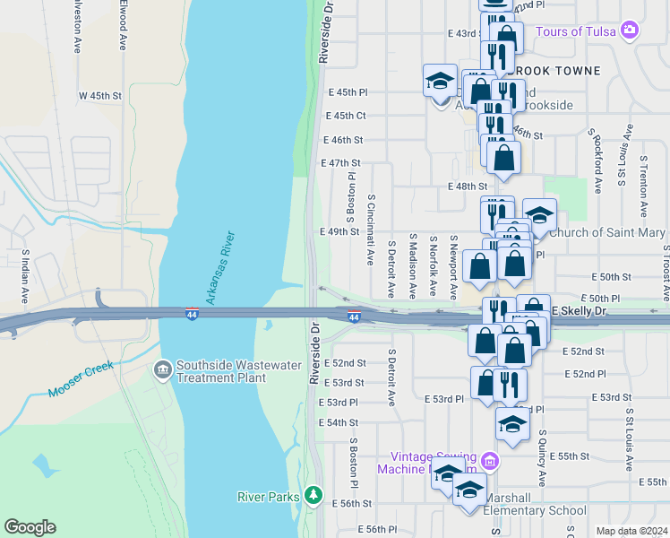map of restaurants, bars, coffee shops, grocery stores, and more near 4941 South Boston Avenue in Tulsa