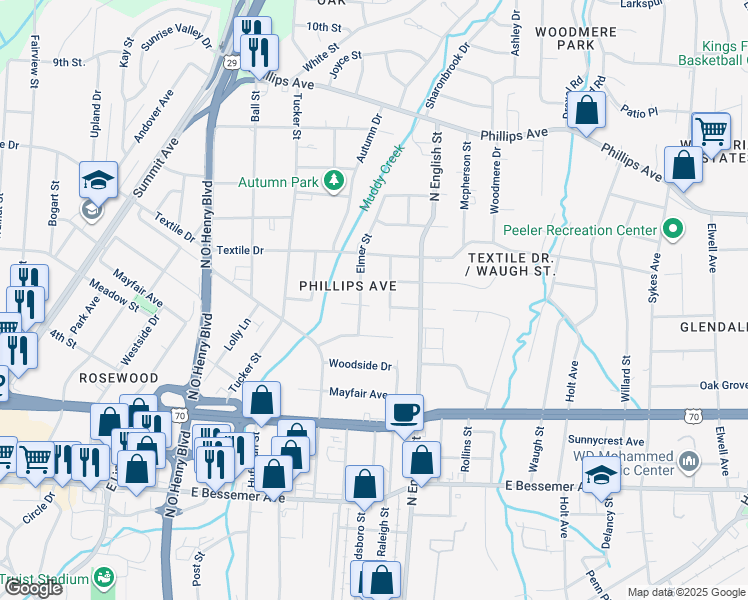 map of restaurants, bars, coffee shops, grocery stores, and more near 1302 Elmer Street in Greensboro