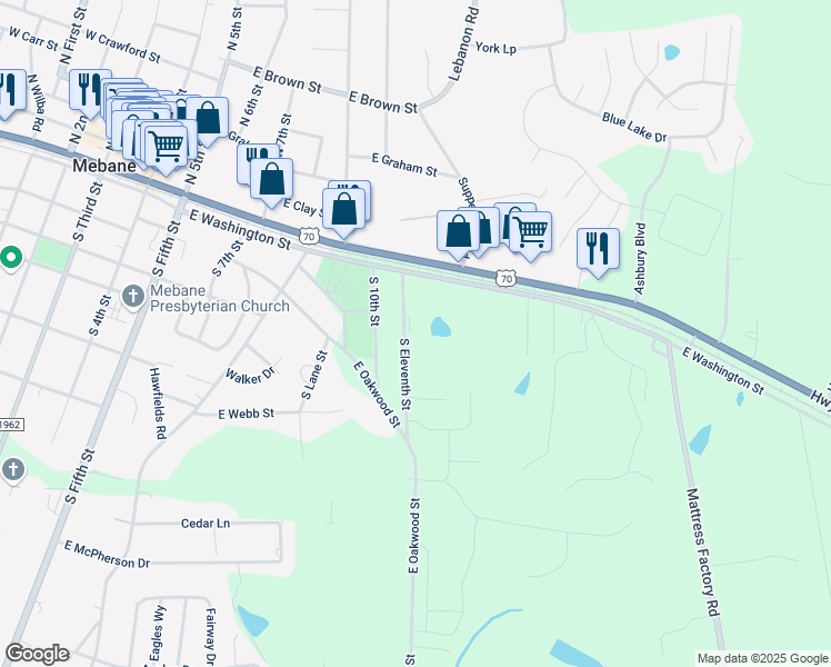 map of restaurants, bars, coffee shops, grocery stores, and more near 221 South 11th Street in Mebane