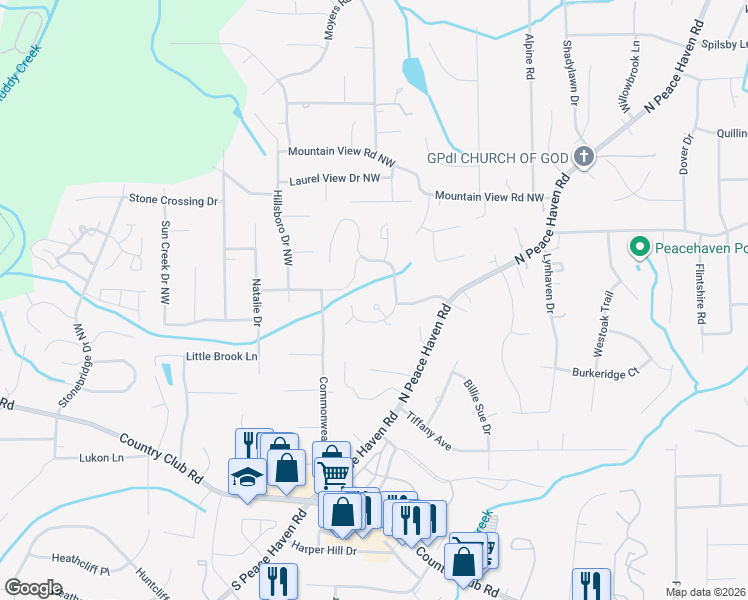 map of restaurants, bars, coffee shops, grocery stores, and more near 95 Carrisbrooke Lane in Winston-Salem