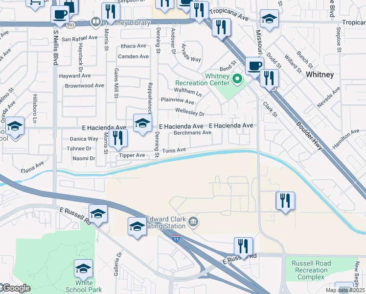 map of restaurants, bars, coffee shops, grocery stores, and more near 5380 Tunis Circle in Las Vegas