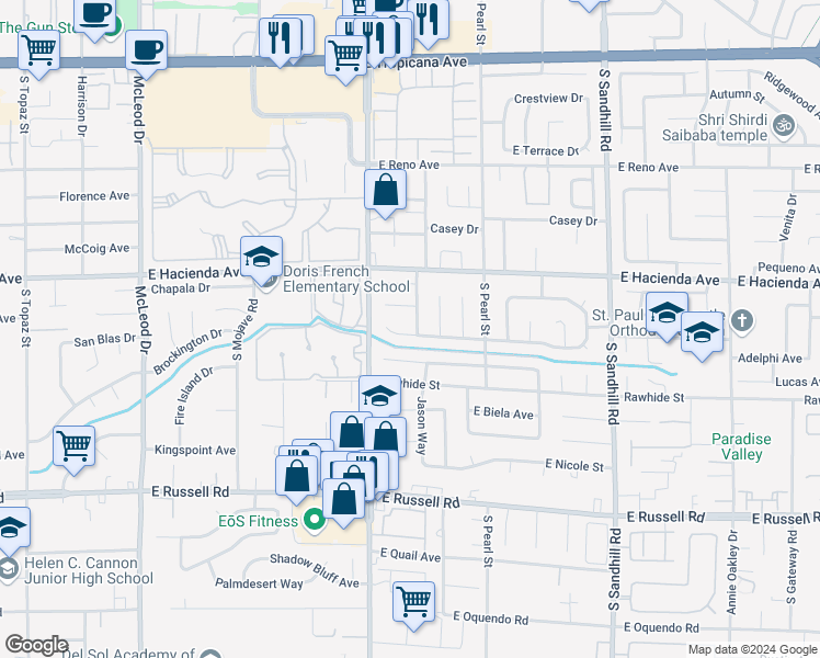 map of restaurants, bars, coffee shops, grocery stores, and more near 5394 South Modena Drive in Las Vegas
