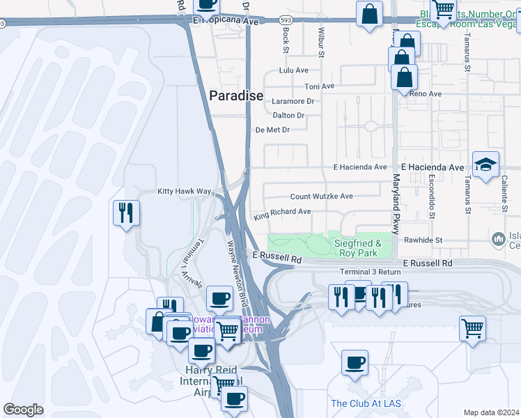 map of restaurants, bars, coffee shops, grocery stores, and more near 5414 South Swenson Street in Las Vegas