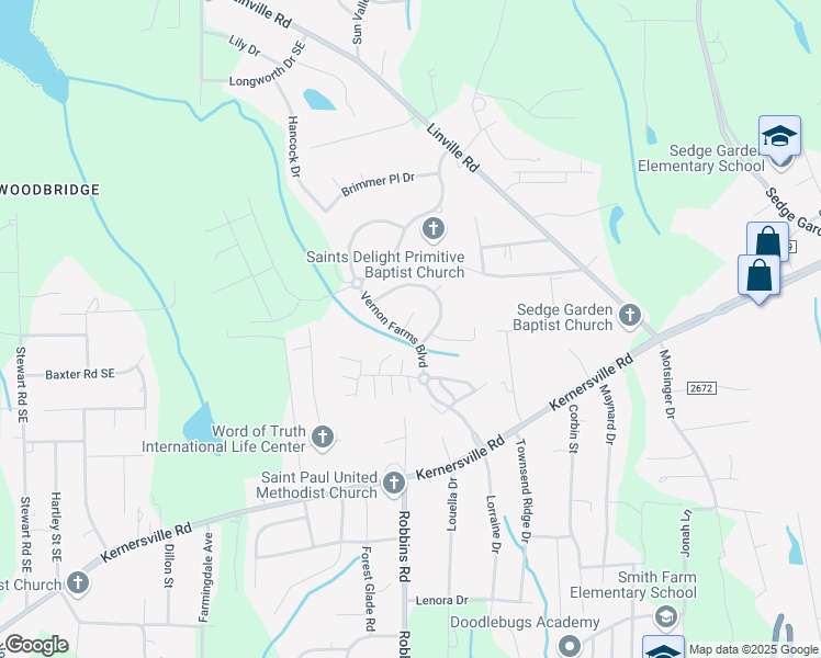 map of restaurants, bars, coffee shops, grocery stores, and more near 406 American Drive in Kernersville
