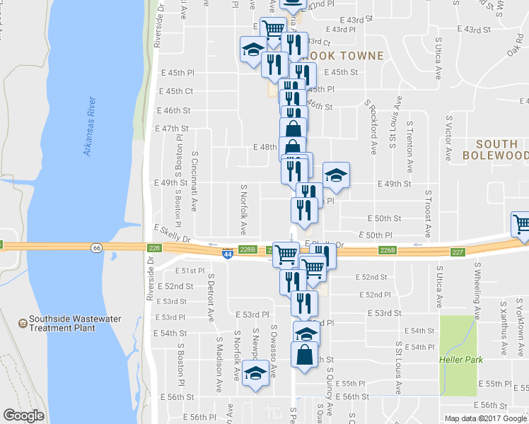 map of restaurants, bars, coffee shops, grocery stores, and more near 4941 South Newport Avenue in Tulsa
