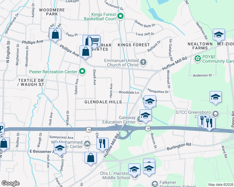map of restaurants, bars, coffee shops, grocery stores, and more near 1106 Hern Avenue in Greensboro