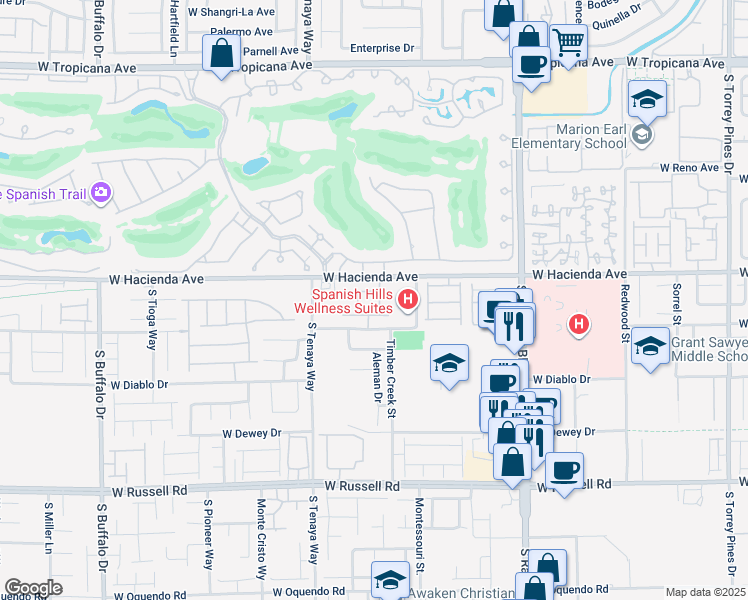 map of restaurants, bars, coffee shops, grocery stores, and more near 5347 Boschetto Street in Las Vegas