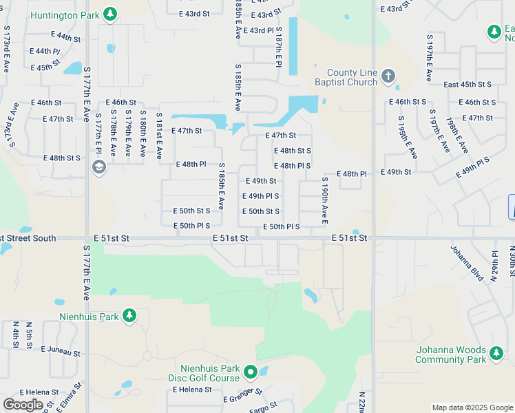 map of restaurants, bars, coffee shops, grocery stores, and more near 18701 East 50th Street South in Tulsa