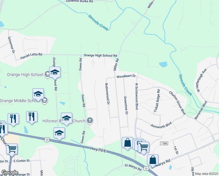 map of restaurants, bars, coffee shops, grocery stores, and more near 701 Buttonwood Drive in Hillsborough