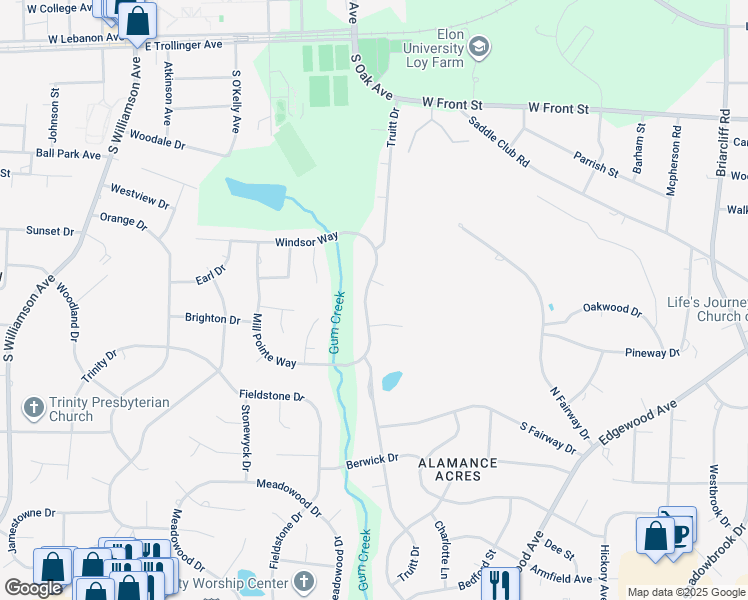 map of restaurants, bars, coffee shops, grocery stores, and more near 512 Truitt Drive in Elon