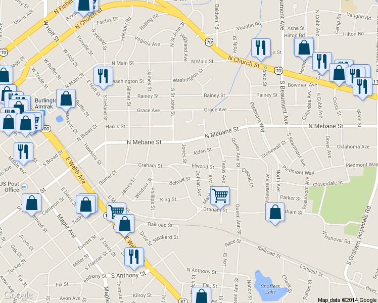 map of restaurants, bars, coffee shops, grocery stores, and more near 1006 Alden Street in Burlington
