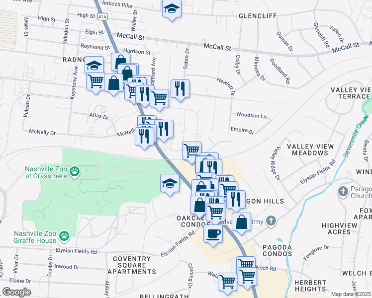 map of restaurants, bars, coffee shops, grocery stores, and more near 205 Yelton Court in Nashville