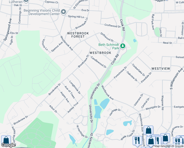 map of restaurants, bars, coffee shops, grocery stores, and more near 1267 Westbrook Avenue in Elon