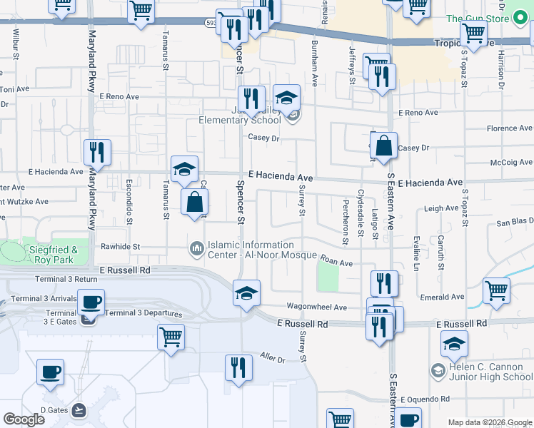 map of restaurants, bars, coffee shops, grocery stores, and more near 5405 Chestnut Street in Las Vegas