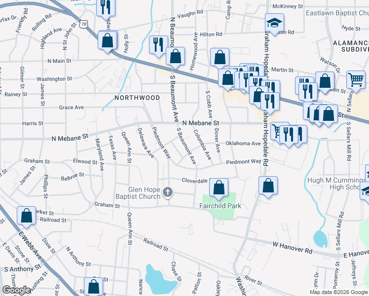 map of restaurants, bars, coffee shops, grocery stores, and more near 615 South Beaumont Avenue in Burlington