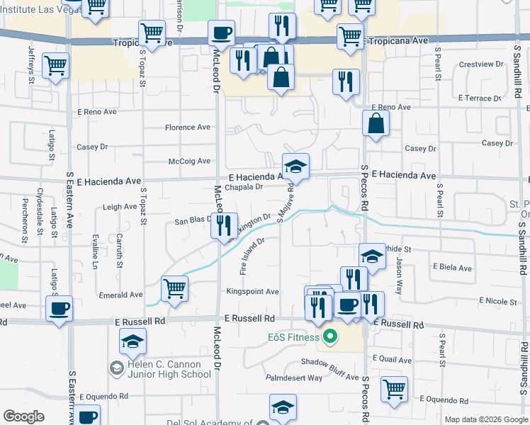 map of restaurants, bars, coffee shops, grocery stores, and more near 3158 Brockington Drive in Las Vegas
