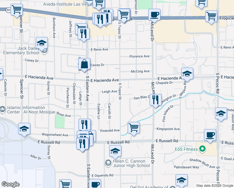 map of restaurants, bars, coffee shops, grocery stores, and more near 2583 Leigh Avenue in Las Vegas