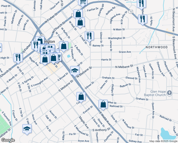 map of restaurants, bars, coffee shops, grocery stores, and more near 511 South Ireland Street in Burlington