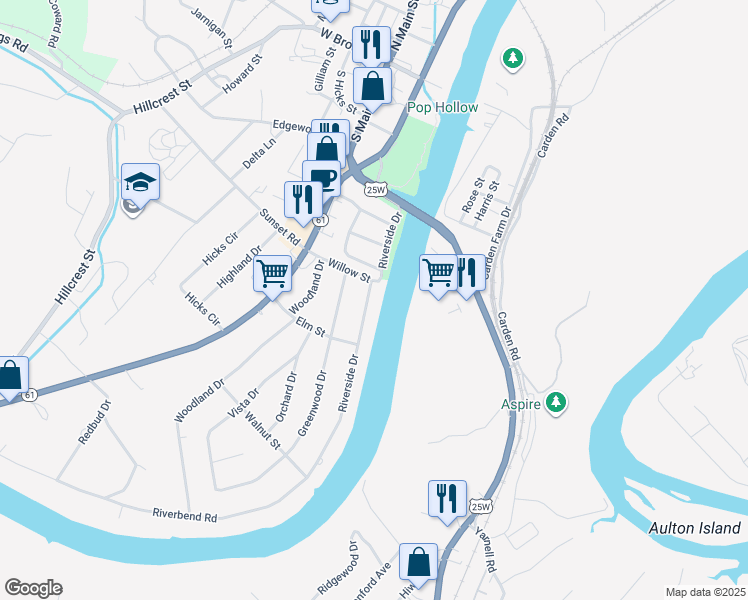 map of restaurants, bars, coffee shops, grocery stores, and more near 404 Riverside Drive in Clinton